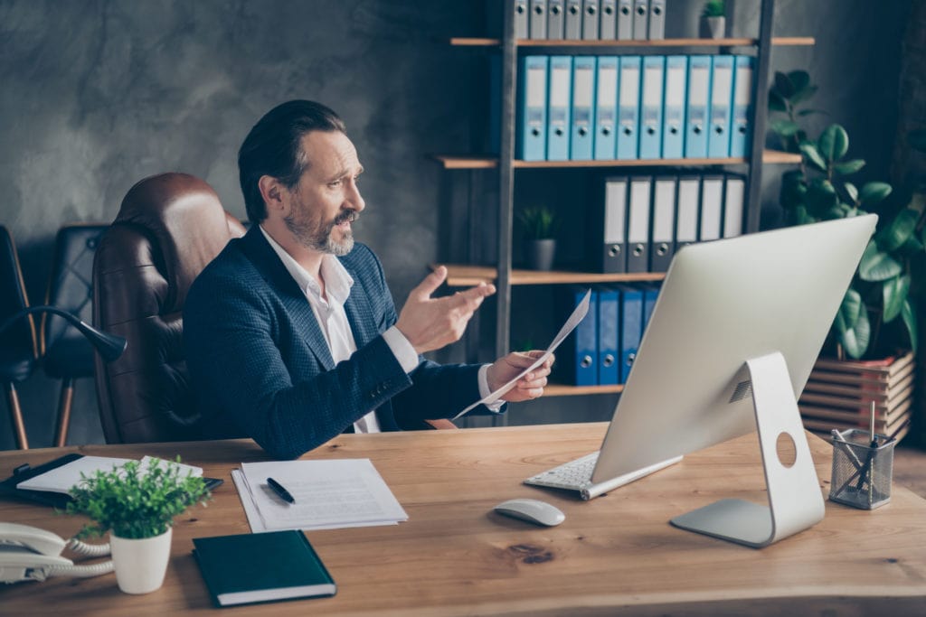 Profile side view portrait of his he nice handsome man qualified financier, attending online meeting discussing it project start-up corporate law document modern concrete industrial work place station