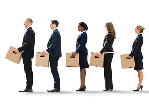 Unemployed Employees Standing In A Row After Layoff With Cardboard Boxes