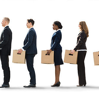 Businesspeople Moving Into New Office Unemployed Employees Standing In A Row After Layoff With Cardboard Boxes